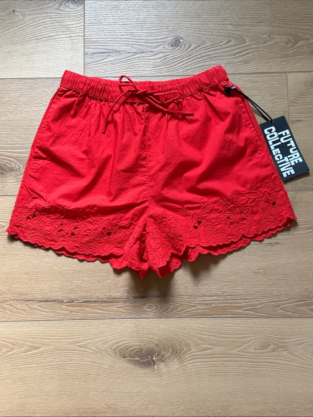NWT Future Collective Cotton Red Eyelet/Lace Trim Shorts